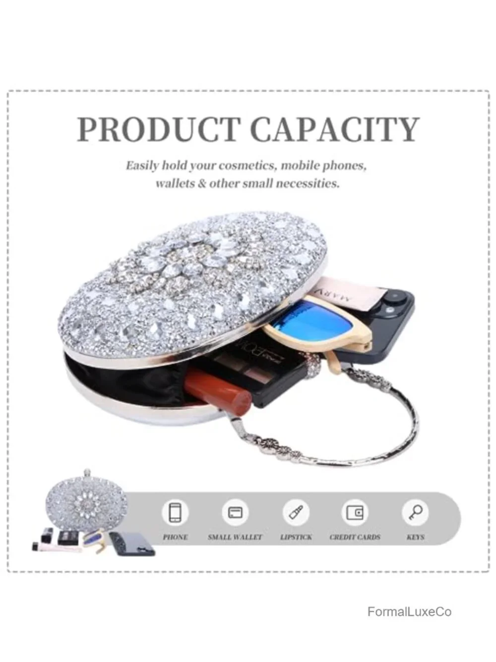 Crystal Rhinestone Clutch Evening Bag with Detachable Chain